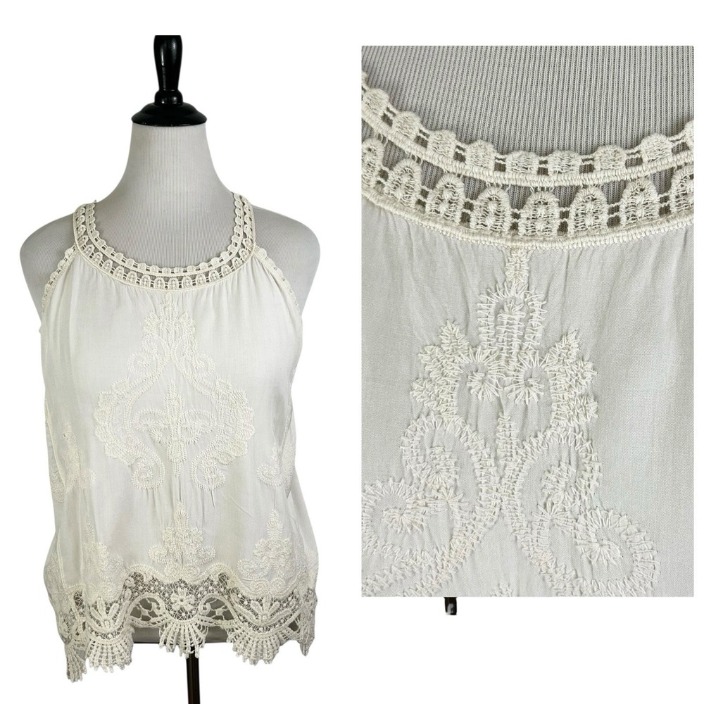 ULTRA PINK Crochet Lace TANK TOP L Embroidered Boho Hippie Festival Ivory Cream